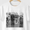 Close da estampa MOMENTOS PET na camiseta branca, com as fotos do pet impressas em DTG direto na malha